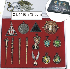 Harry Potter Merchandise Gifts Mini Wand Set and Hogwarts House Badge with Keychain Necklaces Kids Toys