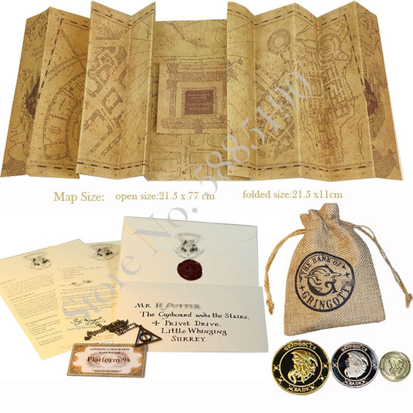 The Marauder's Map Harried Magic School Acceptance Letter Express Ticket Deathly Hallows Necklace Gringot Bank Coins and Bag
